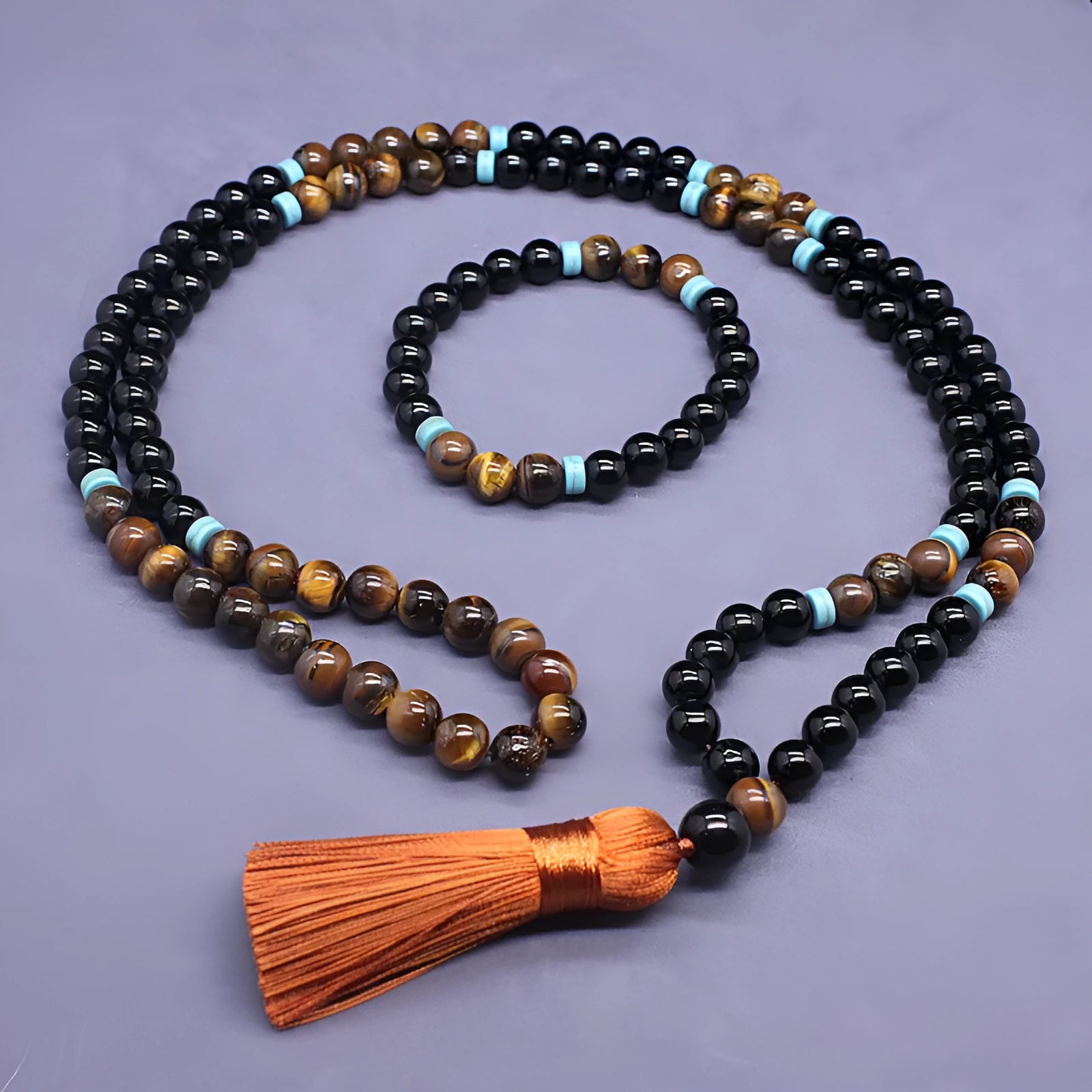 Black agate and tiger's eye stone geometric bracelet and necklace jewellery set