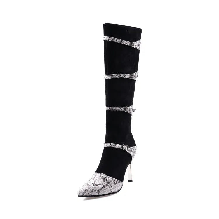 Grey and black women's knee-high boots with a thin high heel on a neutral background.