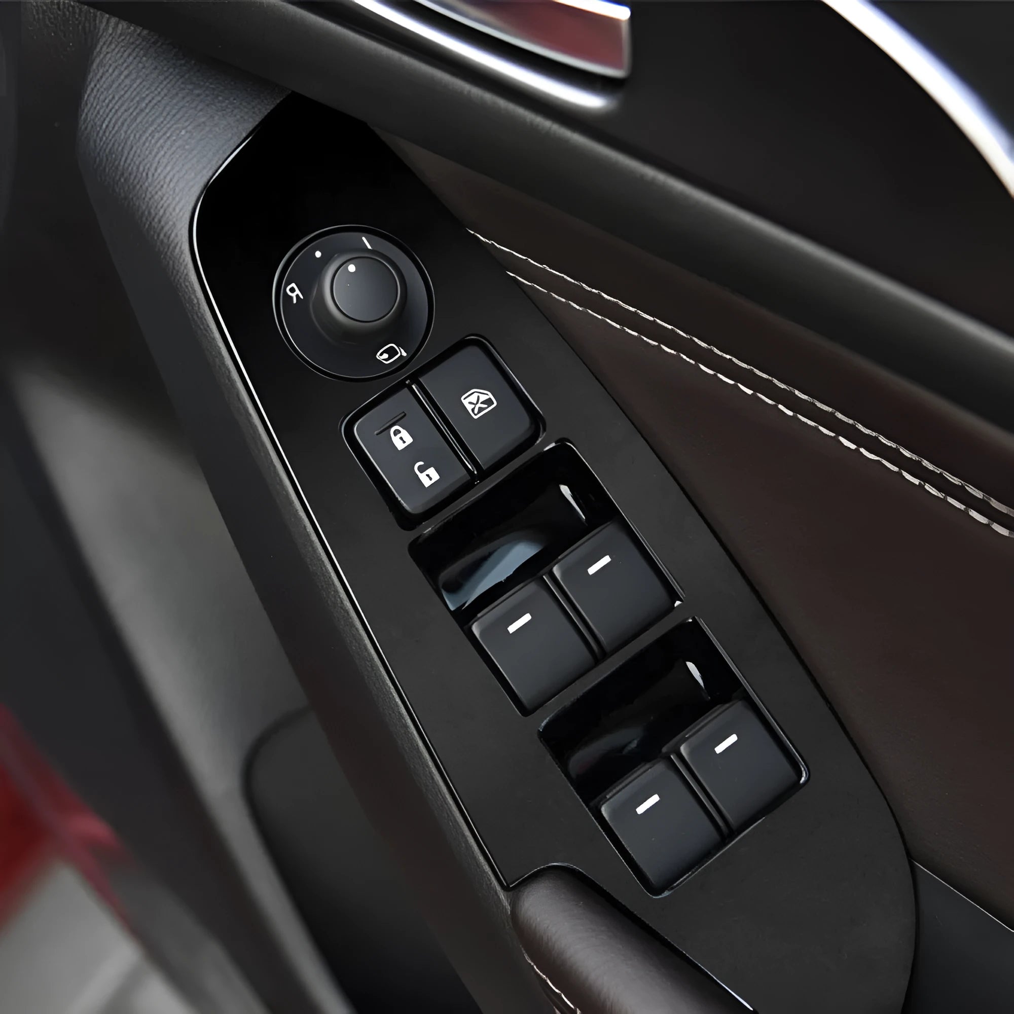 Set of four TPU protective films for car door control panel, shown in transparent, matte black, and carbon fibre black finishes.