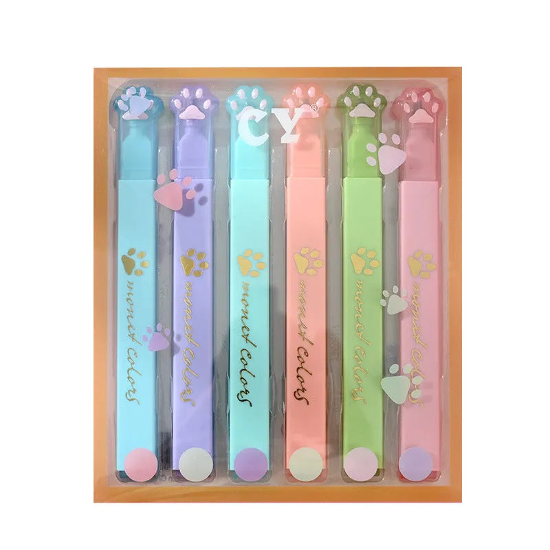 Box of six Cat's Paw fluorescent marking pens with oblique tips in assorted colours for office and school use.