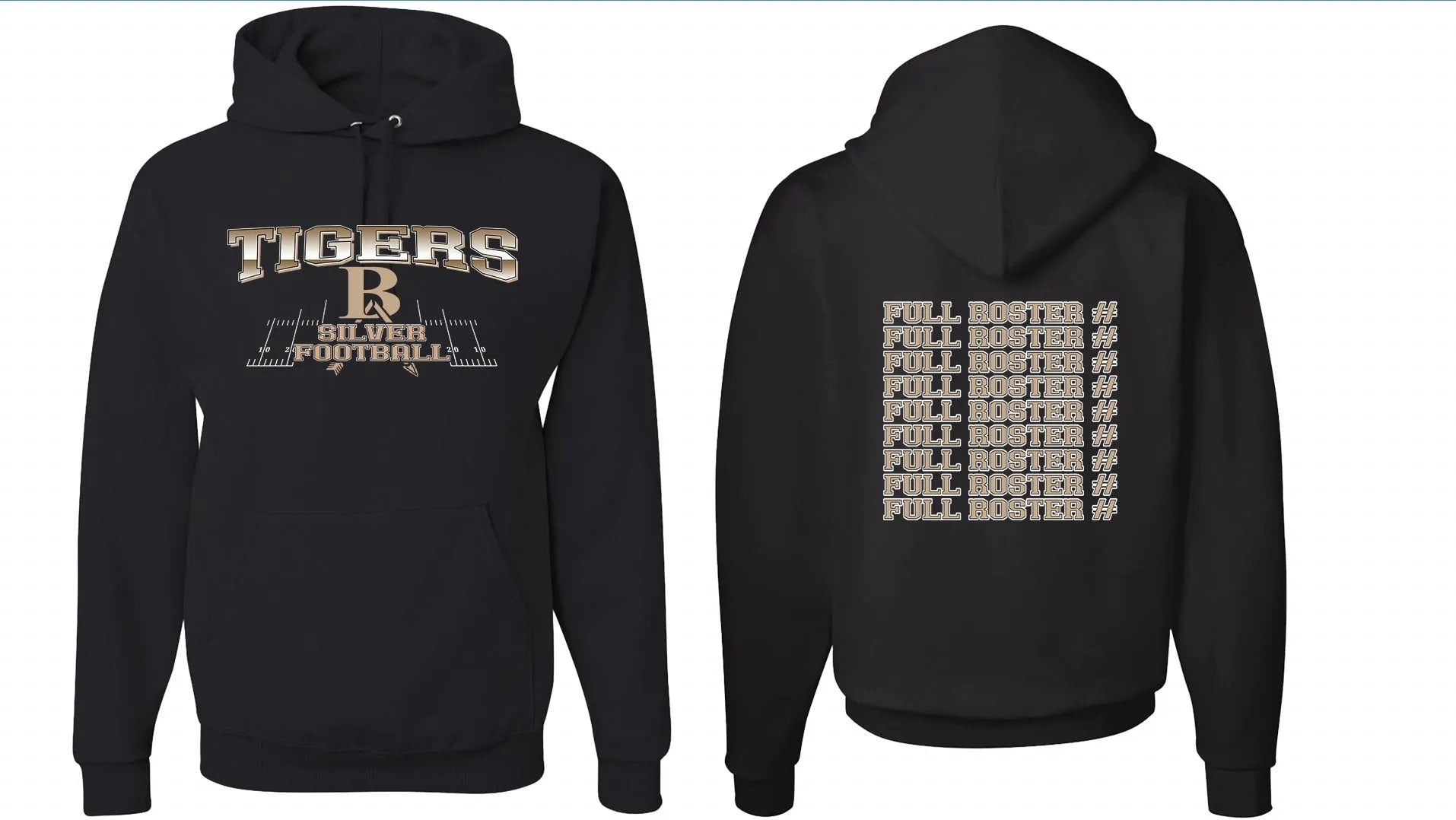 Black drop-shoulder sleeve polyester hoodie laid flat, showing pullover style and long sleeves.