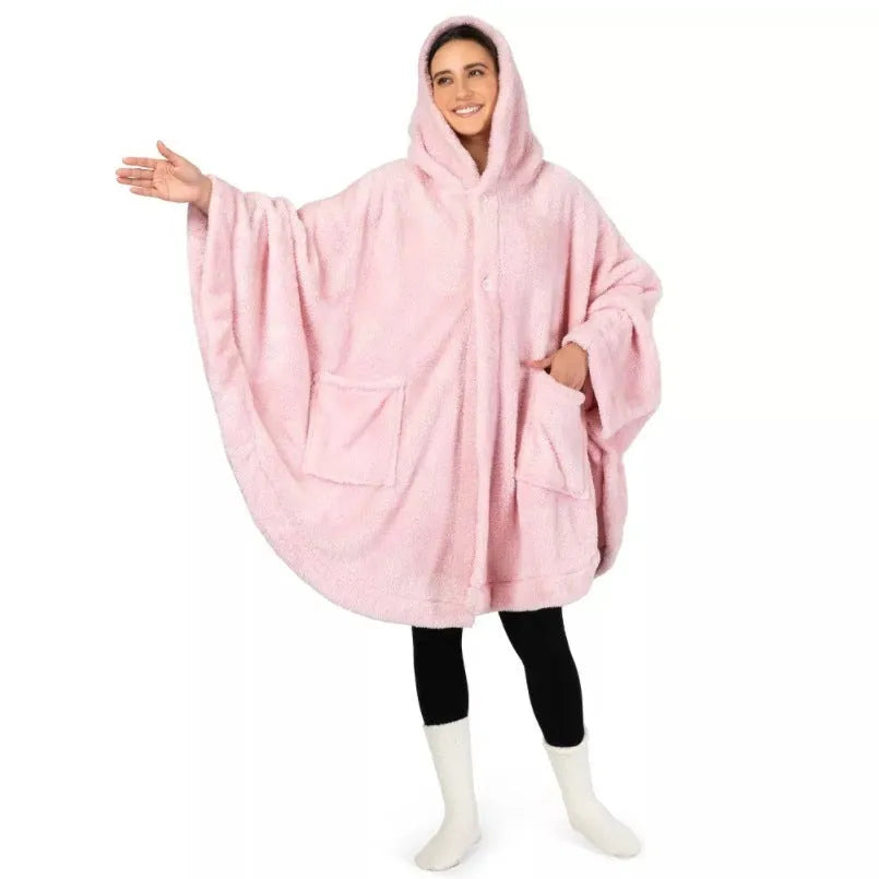 Thick pink hooded bathrobe with long sleeves and a cardigan front, shown on a hanger.