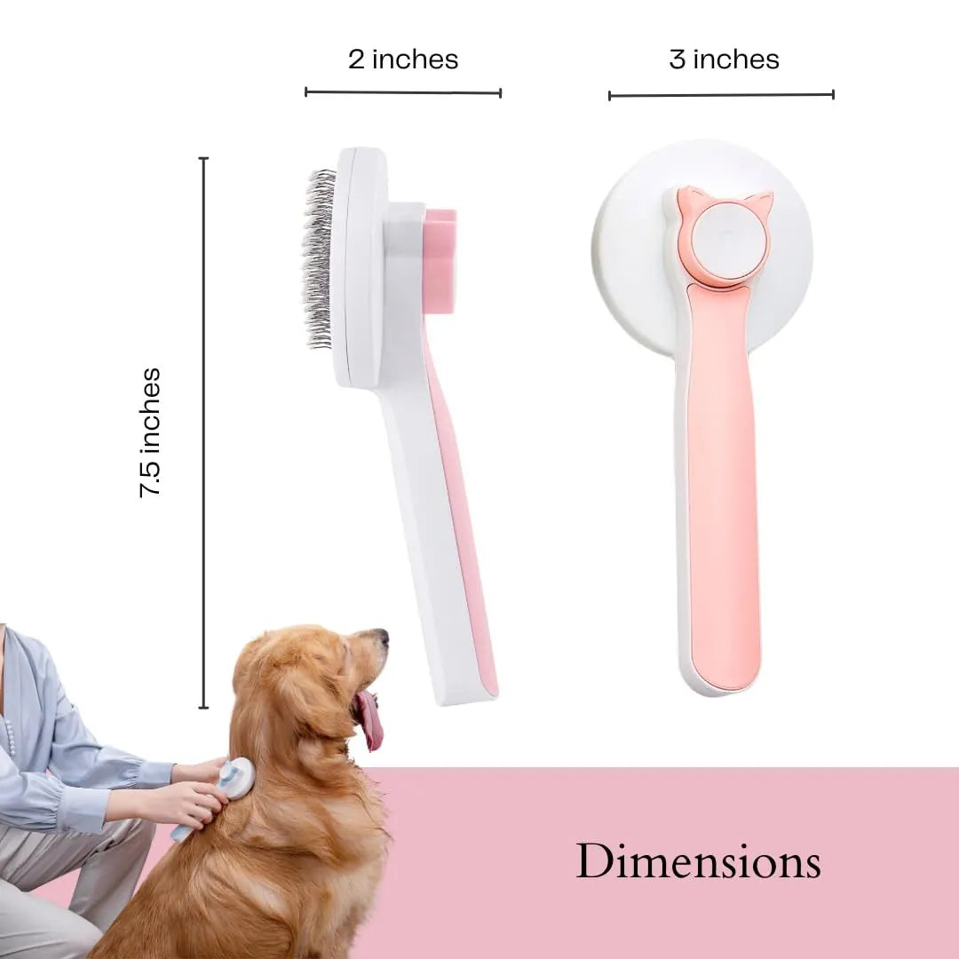 Blue self-cleaning slicker brush for pet grooming with ergonomic rubber handle.