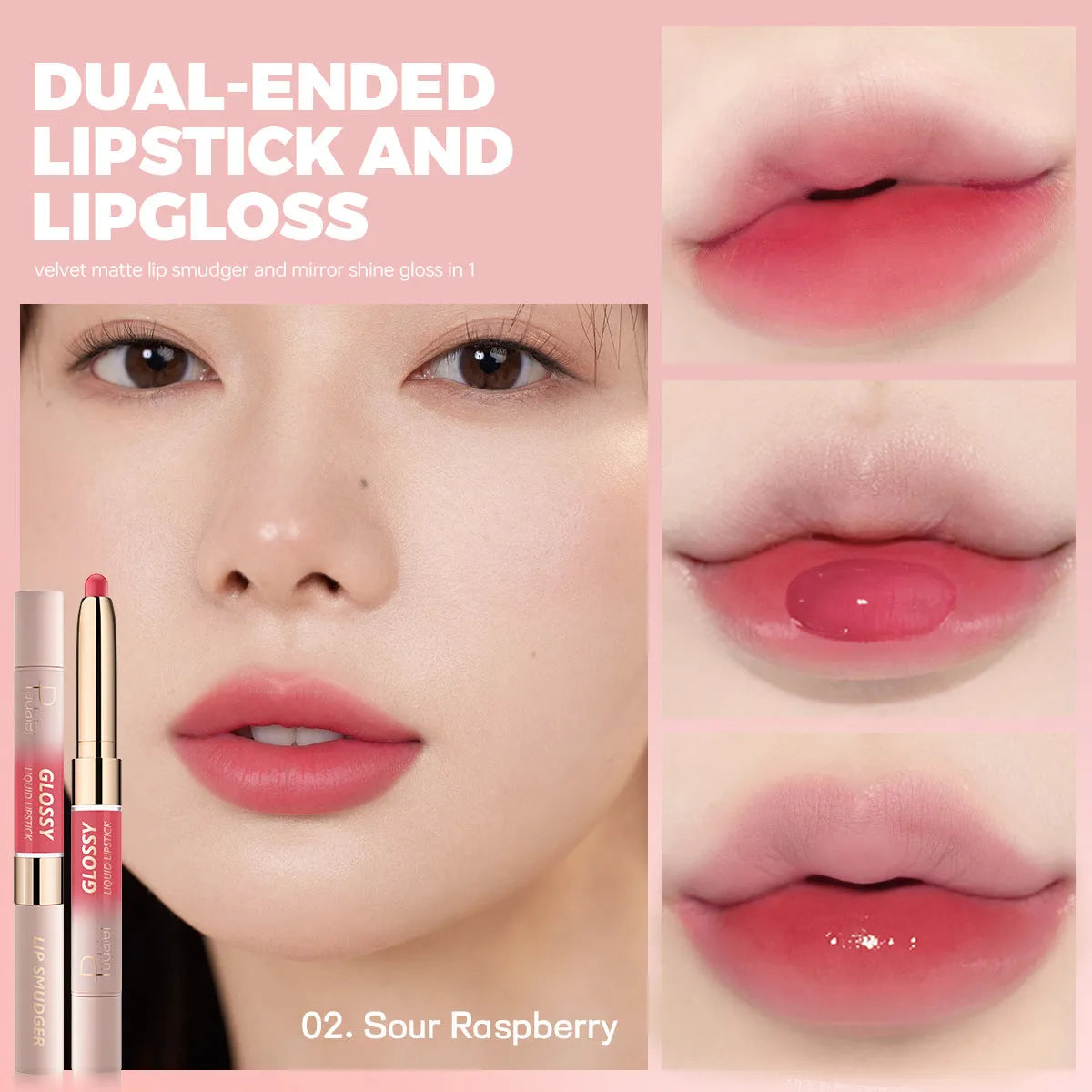 Double-headed lipstick with matte finish and lip gloss in ten colour options