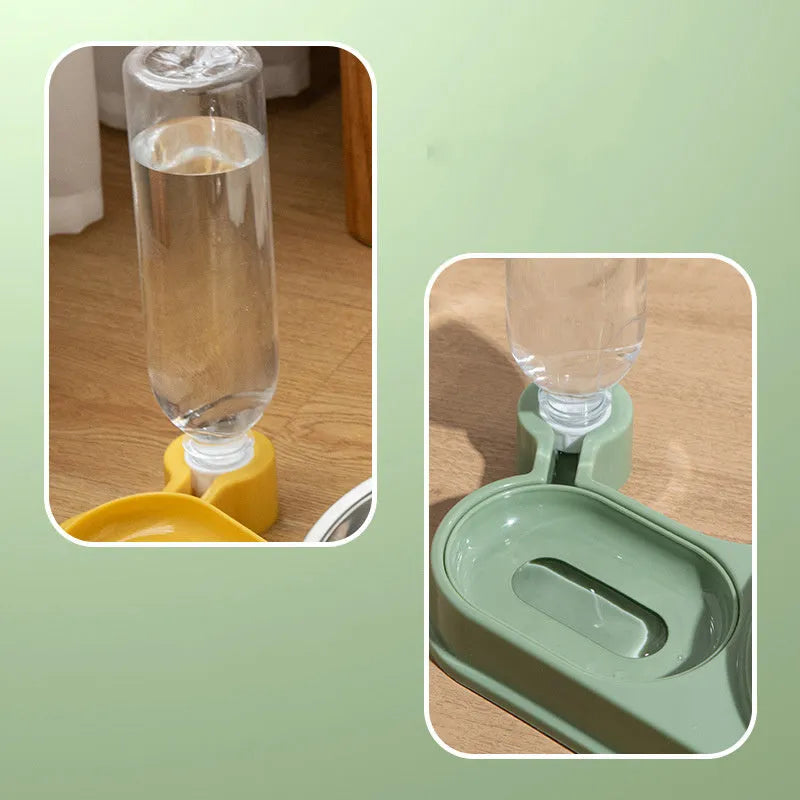 Brown elevated pet food and water bowl set with a large automatic water dispenser bottle.