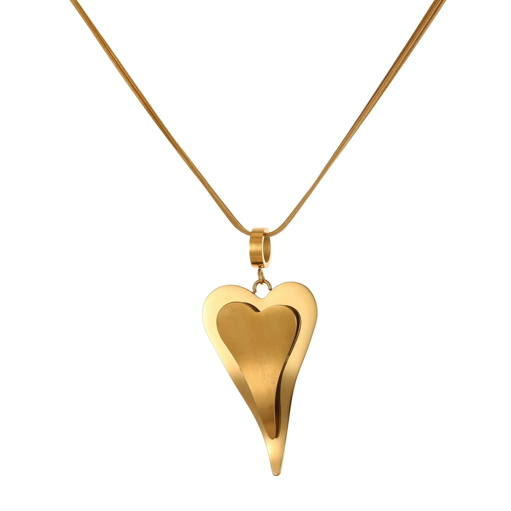 Geometric double heart pendant on stainless steel snake bones chain necklace in gold or steel colour