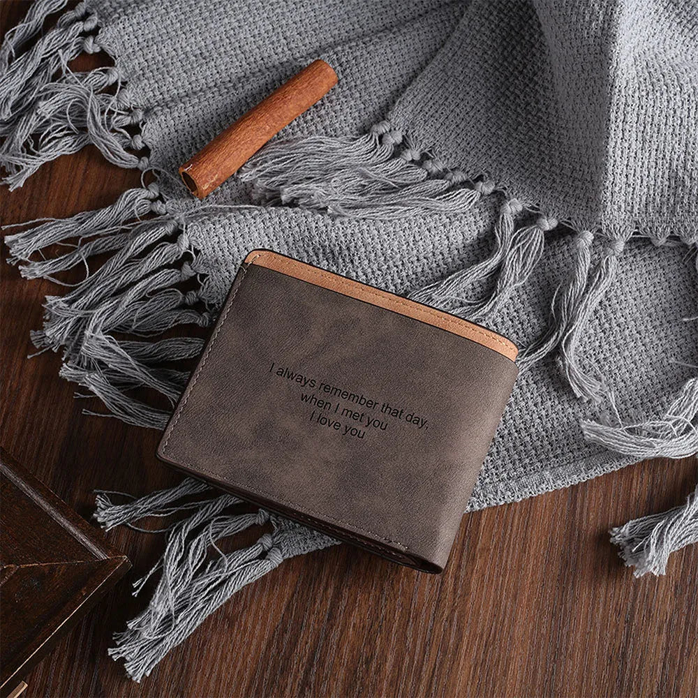 Coffee brown horizontal short wallet made of PU with custom engraving option measuring 120mm x 99mm x 25mm