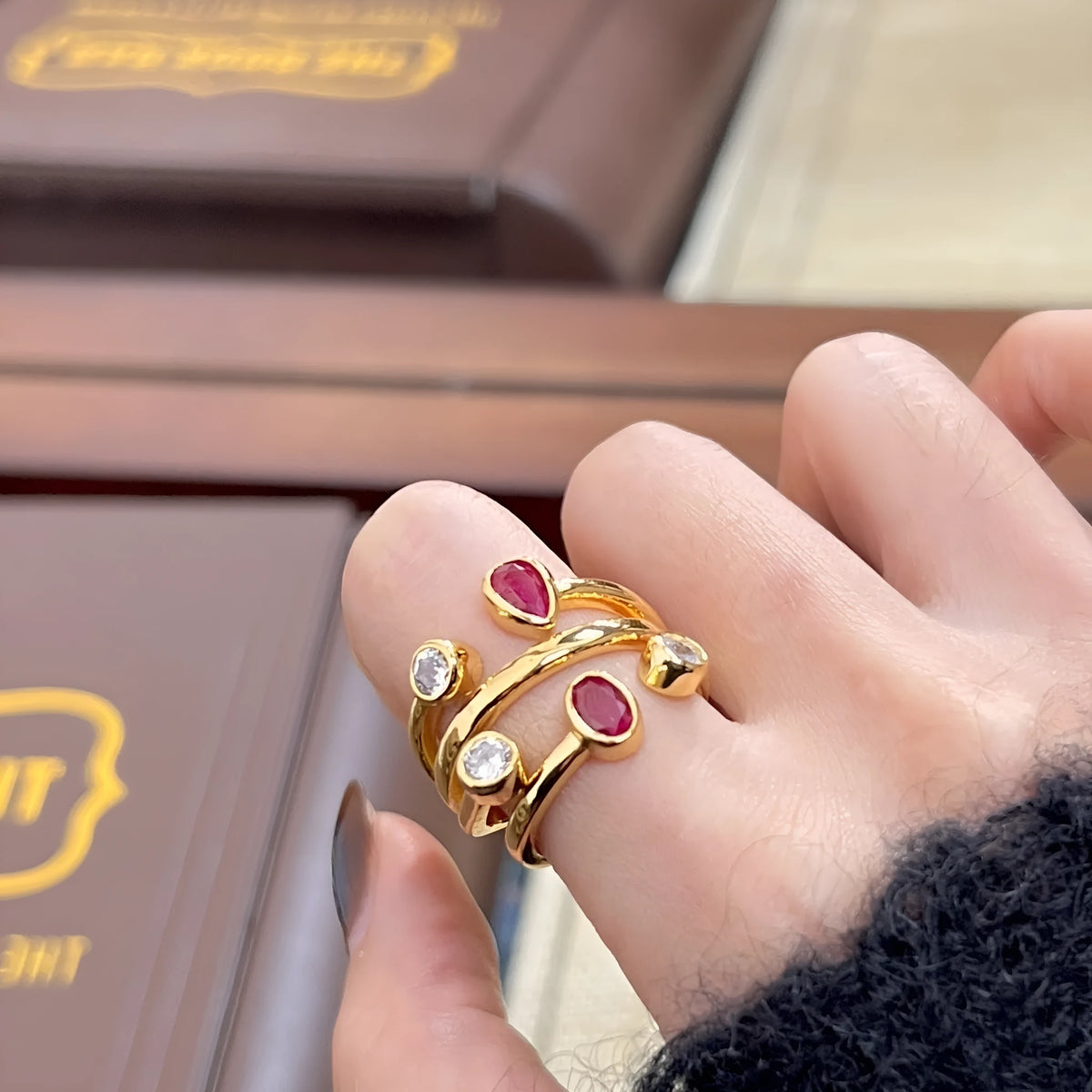 Copper geometric diamond ring with irregular cross design in two-tone colour options