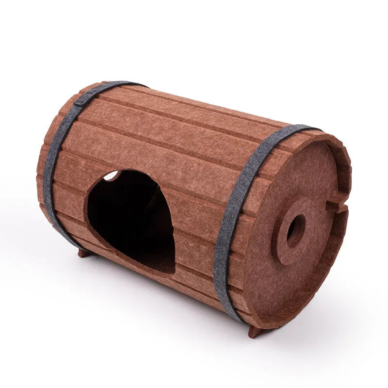 Assembled wine barrel shaped cat bed made from polyester fibre felt board with binding straps