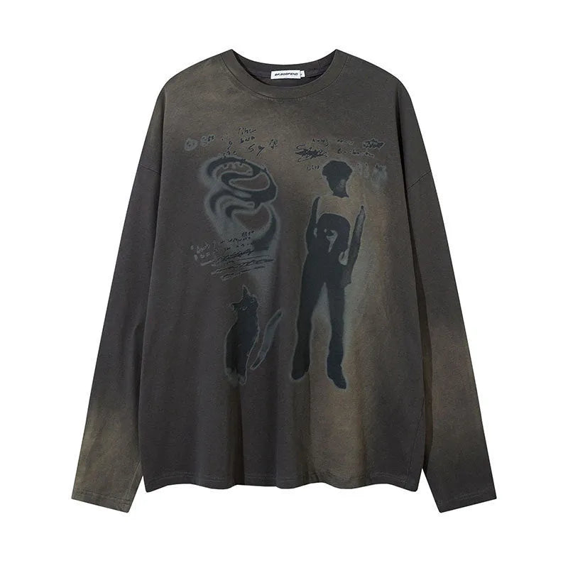 Women's loose fit cotton pullover top with letter pattern in dark grey and pink colours
