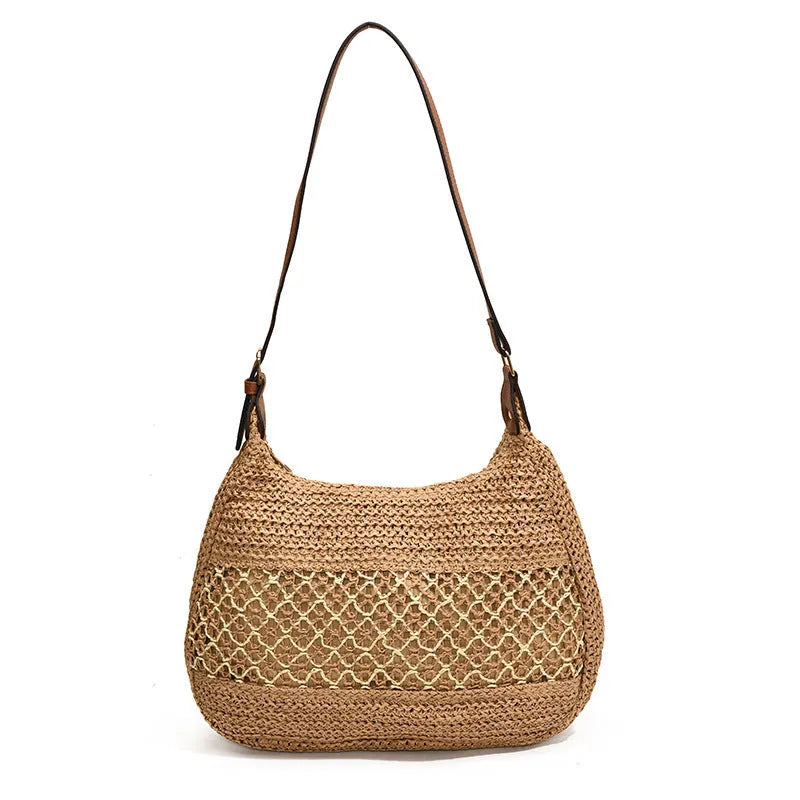Women's casual straw cross body bag with horizontal square shape and sandwich pocket