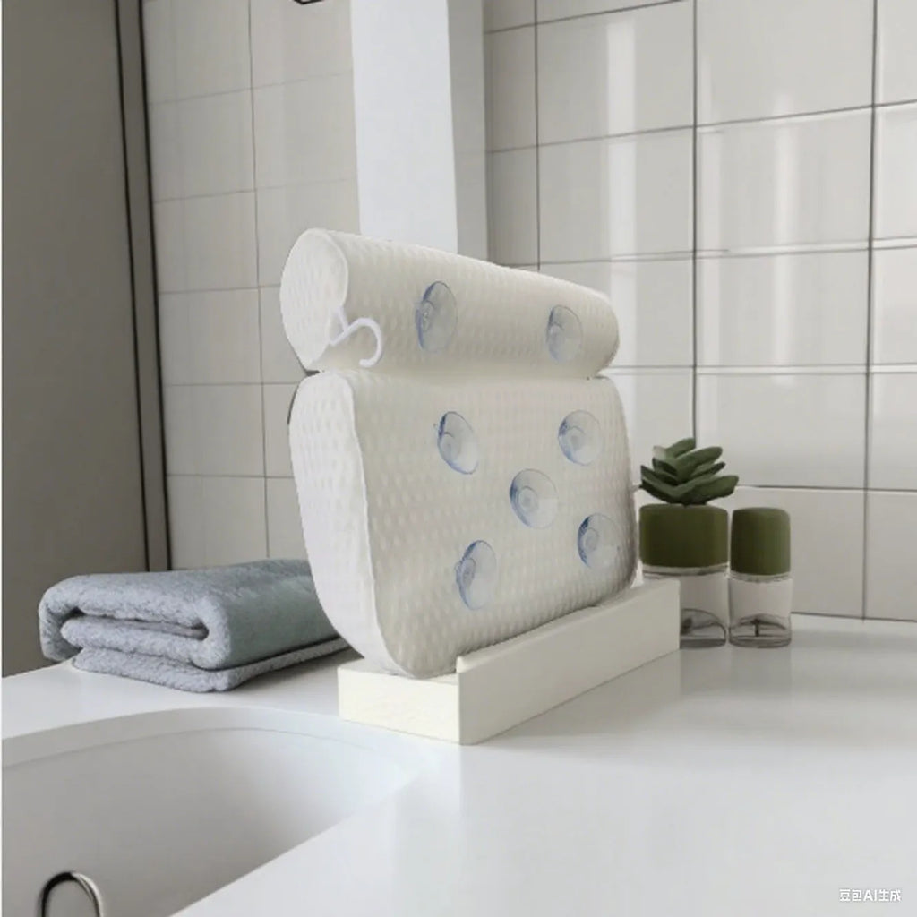 White 4D mesh bathtub pillow with seven suction cups, shown on a bathtub.
