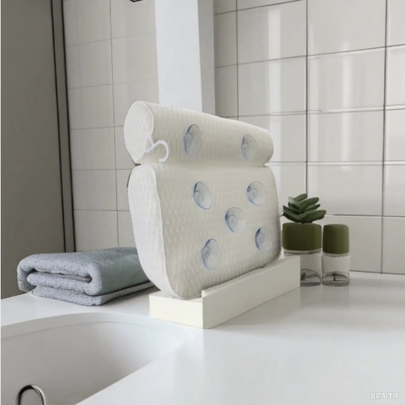 White 4D mesh bathtub pillow with seven suction cups, shown on a bathtub.