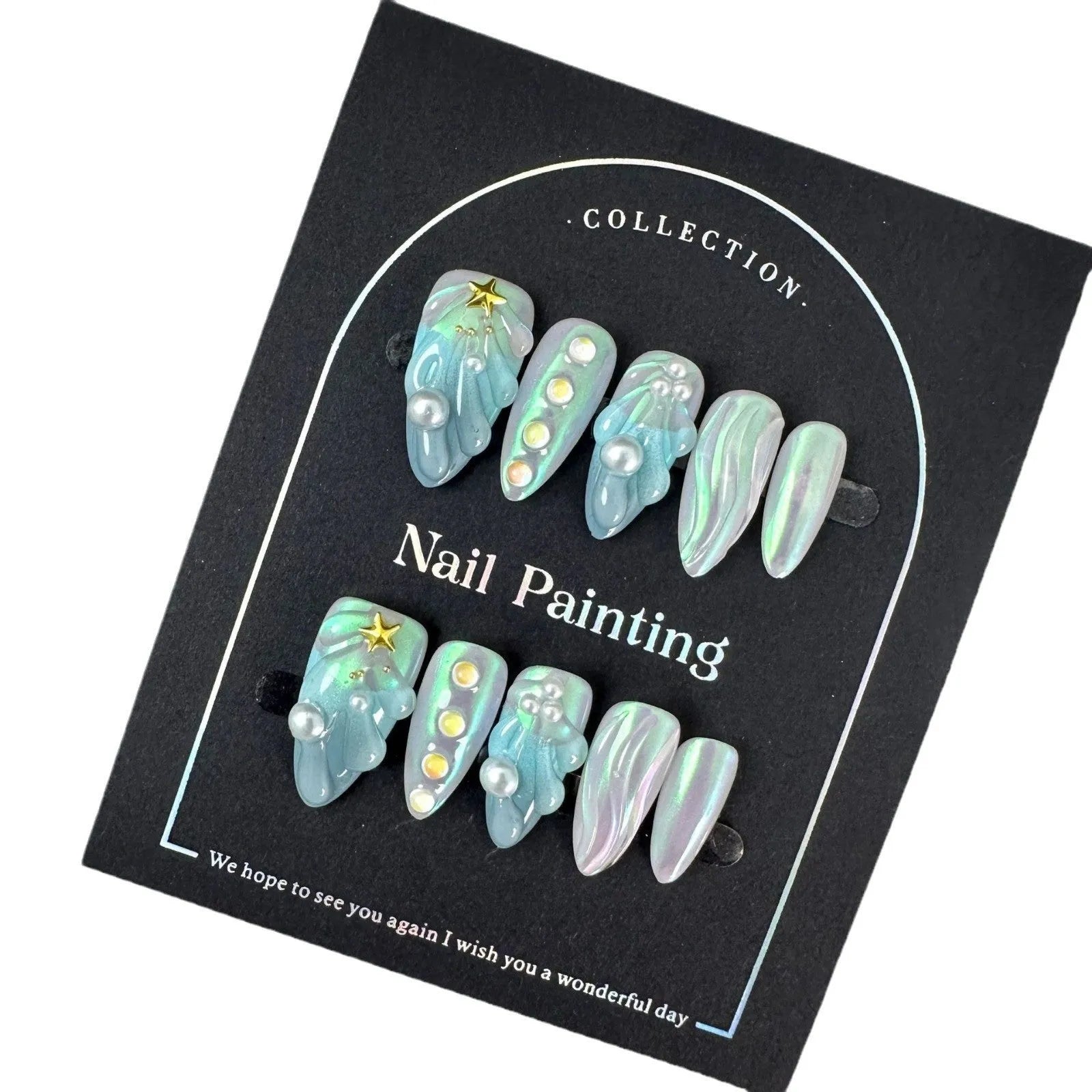 Blue plastic wearable nail armour set in sizes XS, S, M, L for ladies' nail decoration