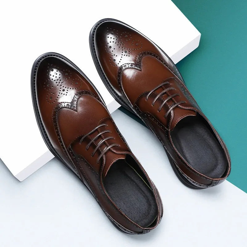 Men's black and brown brogue leather shoes in business style with PU leather upper material
