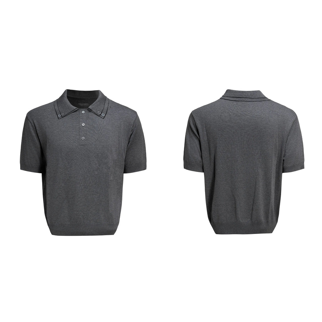 Men's loose-fit short-sleeve polyester shirt with a double lapel collar in solid colour.