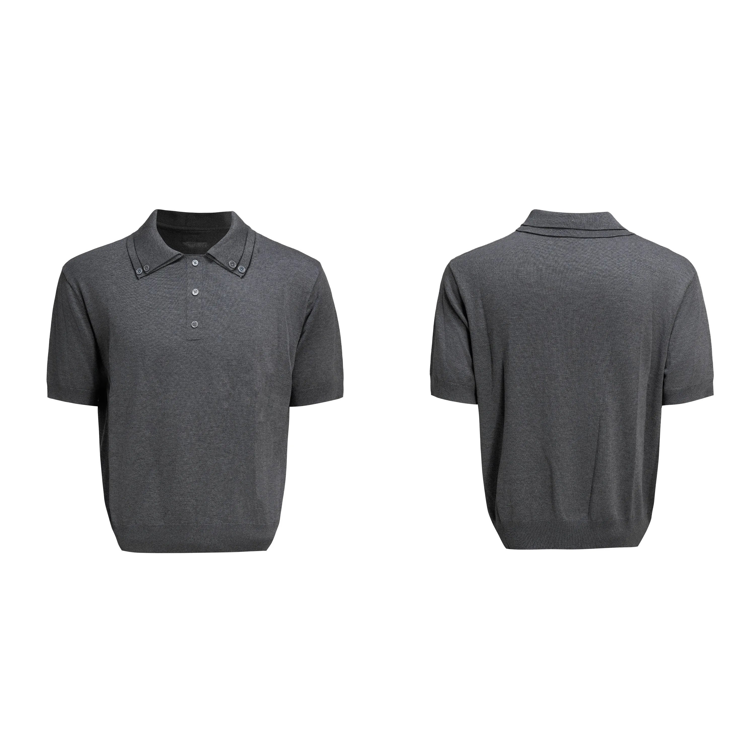Men's loose-fit short-sleeve polyester shirt with a double lapel collar in solid colour.