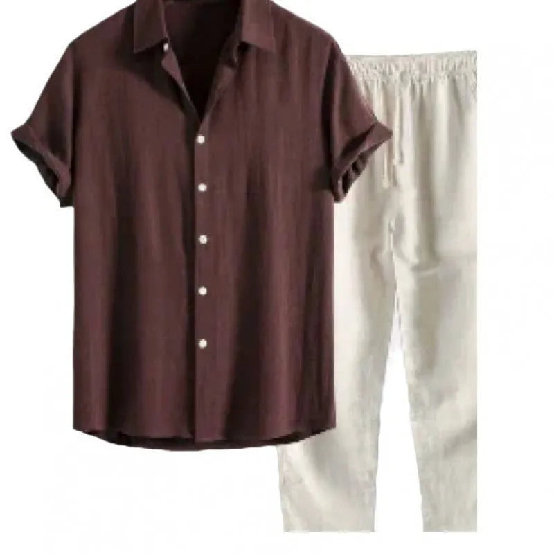 Men's casual linen-style shirt and trousers two-piece set in coordinating colours