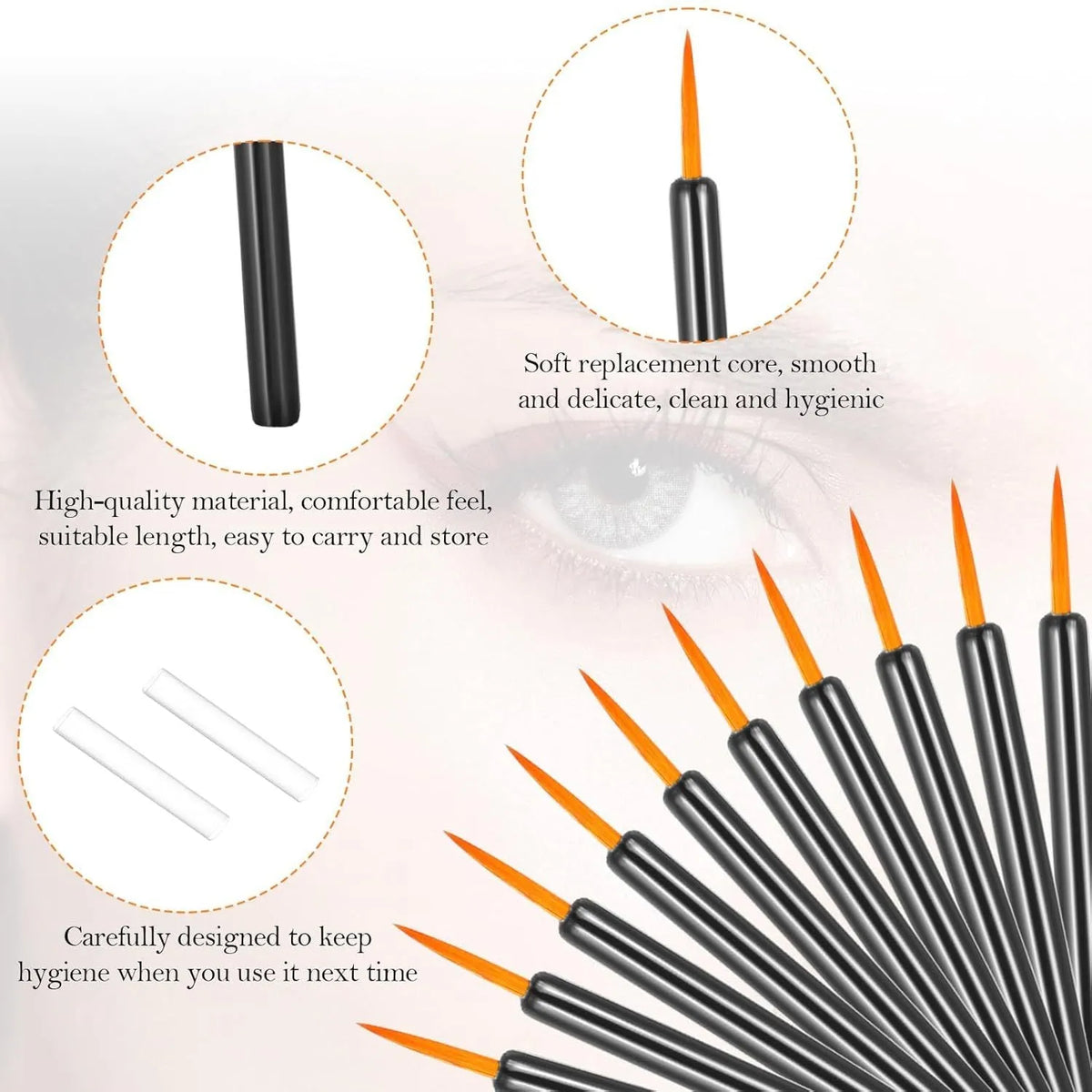 Pack of one hundred black disposable eyeliner brushes with fine pointed tips and protective plastic sleeves.