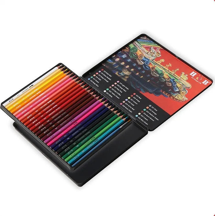 Water-soluble coloured pencil set with 24 wooden pencils in a flat iron storage box.