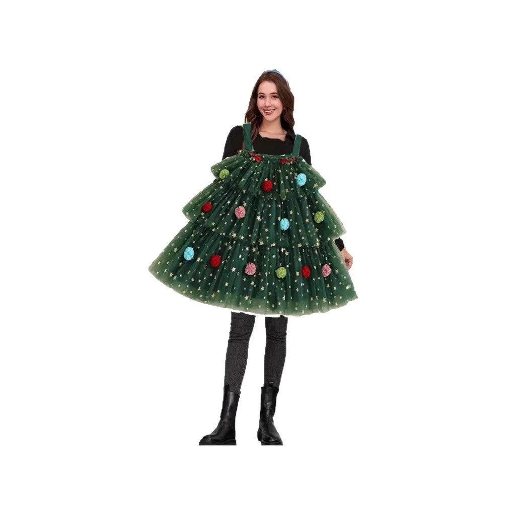 Green mesh polka dot tiered suspender skirt dress with Christmas tree pattern.
