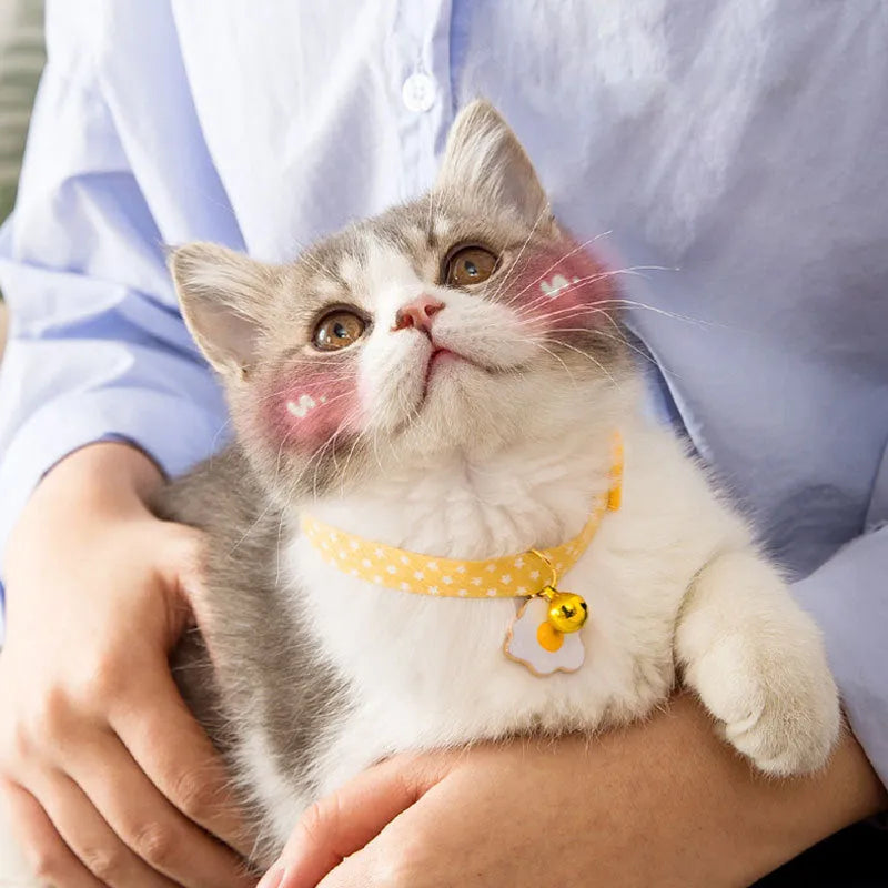 Green adjustable cat collar with metal bell pendant and matching bow tie accessory for small pets