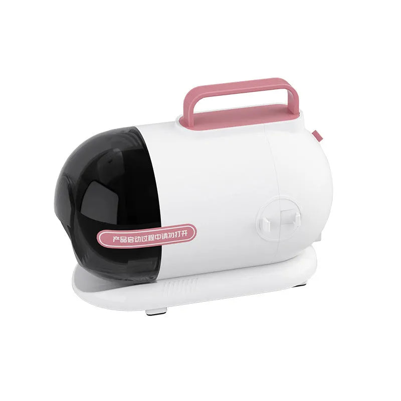 Pink white pet grooming and vacuum cleaner host with electric shear, combs, and suction attachments on a white background.