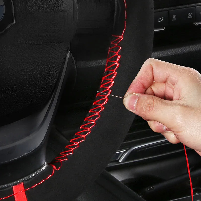 Black wool microfiber steering wheel cover with suede material on car steering wheel