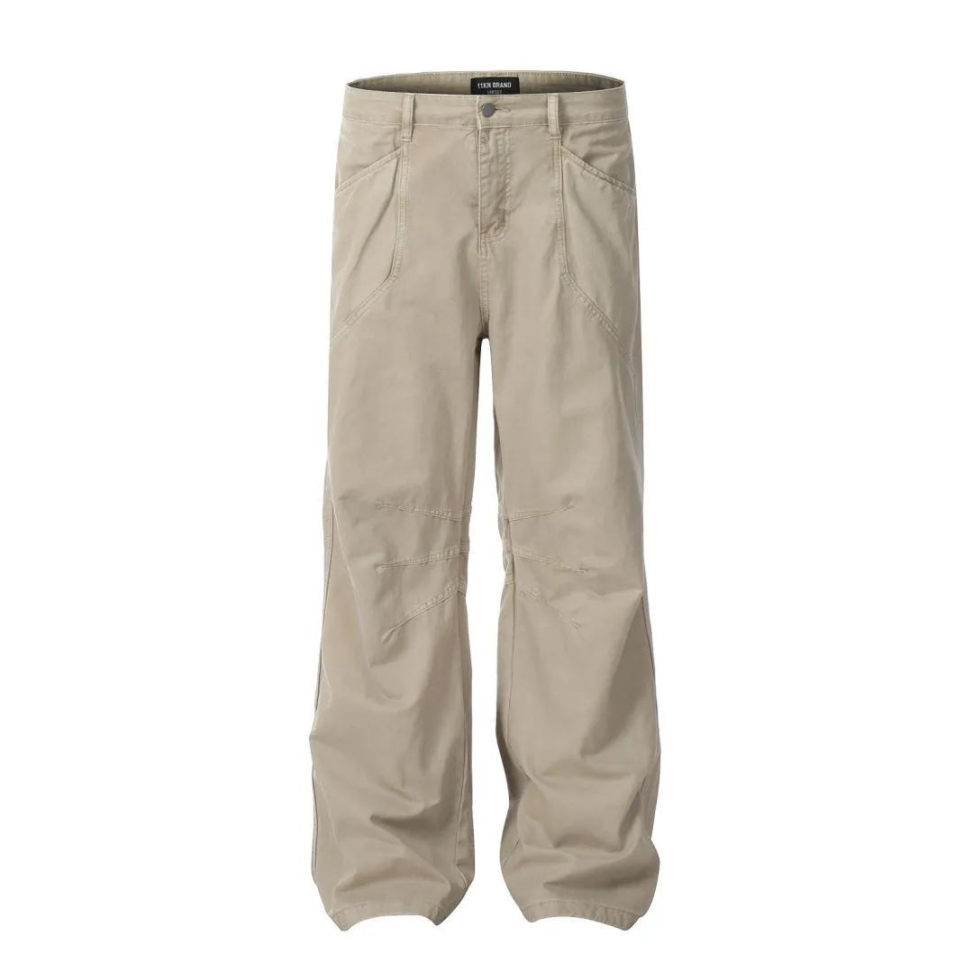 Men's brown straight-leg jeans with high waist and zip fly on mannequin