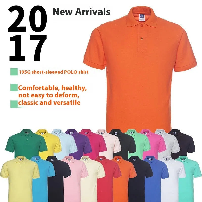 Men's solid colour loose fit short sleeve polo shirt on a hanger, plus size cotton blend.