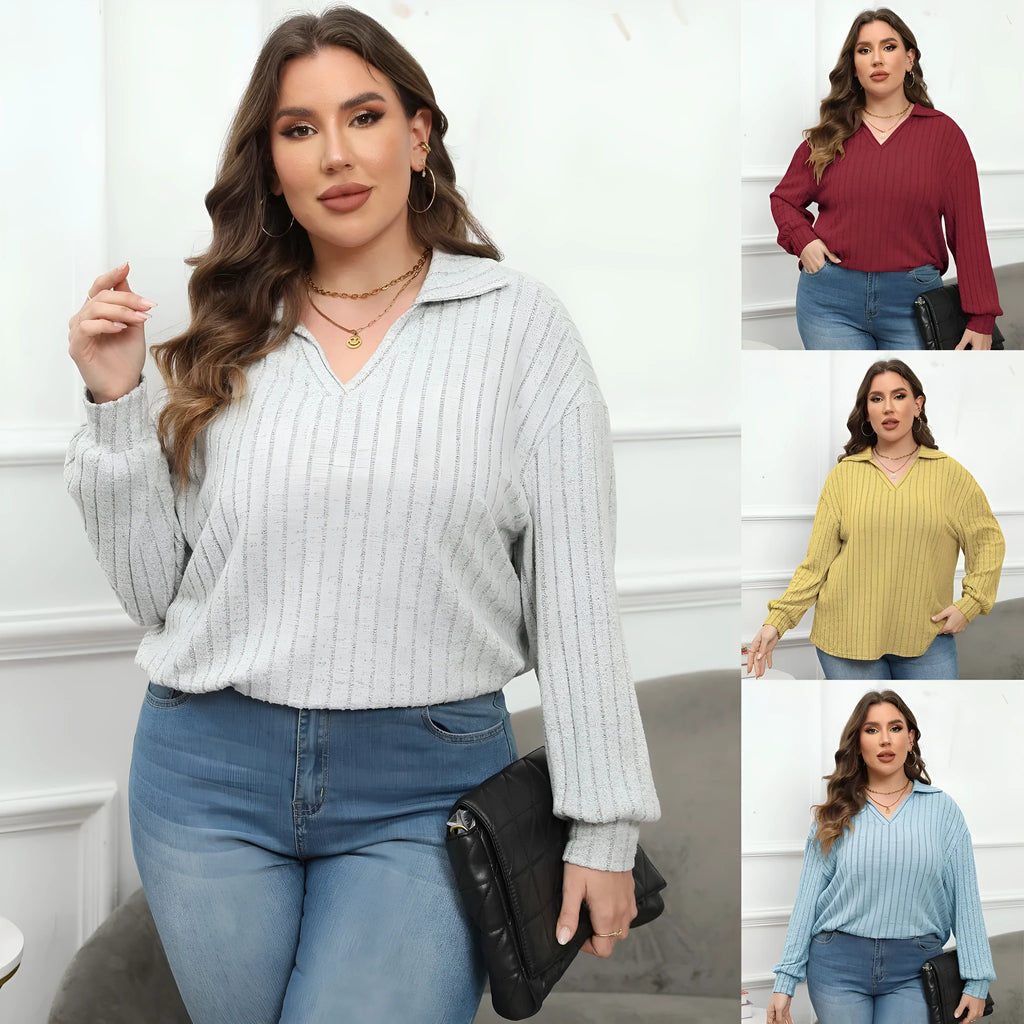Women's plus size gray polo collar fleece shirt with lantern sleeves