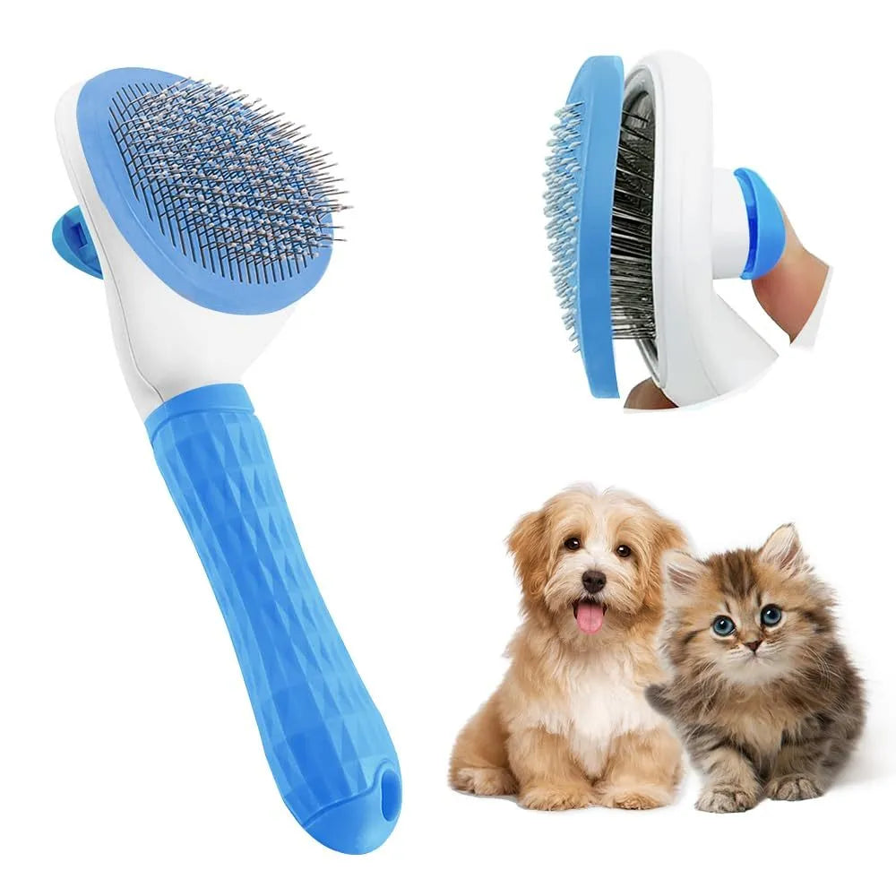 Blue cat brush with a release button and fine wire bristles for removing loose fur