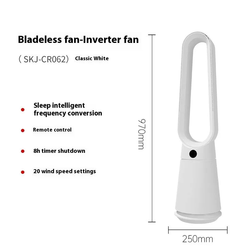 White bladeless tower fan with a remote control and touch screen panel on a desk.