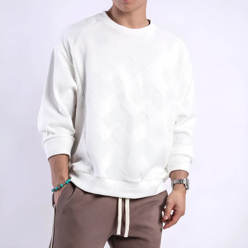 Men's loose long-sleeved sweater in twill jacquard fabric, shown in Army Green colour with a round neck.
