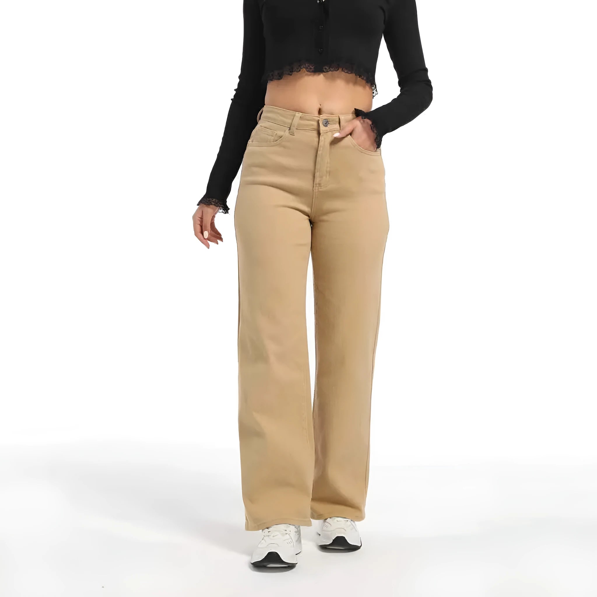 Women's high waist wide leg straight jeans in apricot colour made from high elasticity cotton fabric