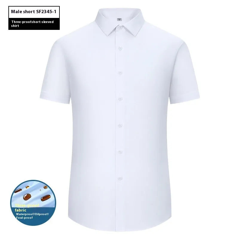 Men's short sleeve bamboo fiber shirt with square collar in solid color, featuring waterproof and stain resistant business formal style