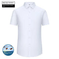 Men's short sleeve bamboo fiber shirt with square collar in solid color, featuring waterproof and stain resistant business formal style