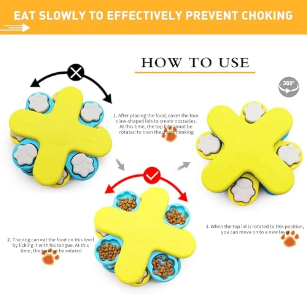 Yellow dog puzzle feeder toy with three rotating layers and a non-slip base for slow feeding and IQ training.