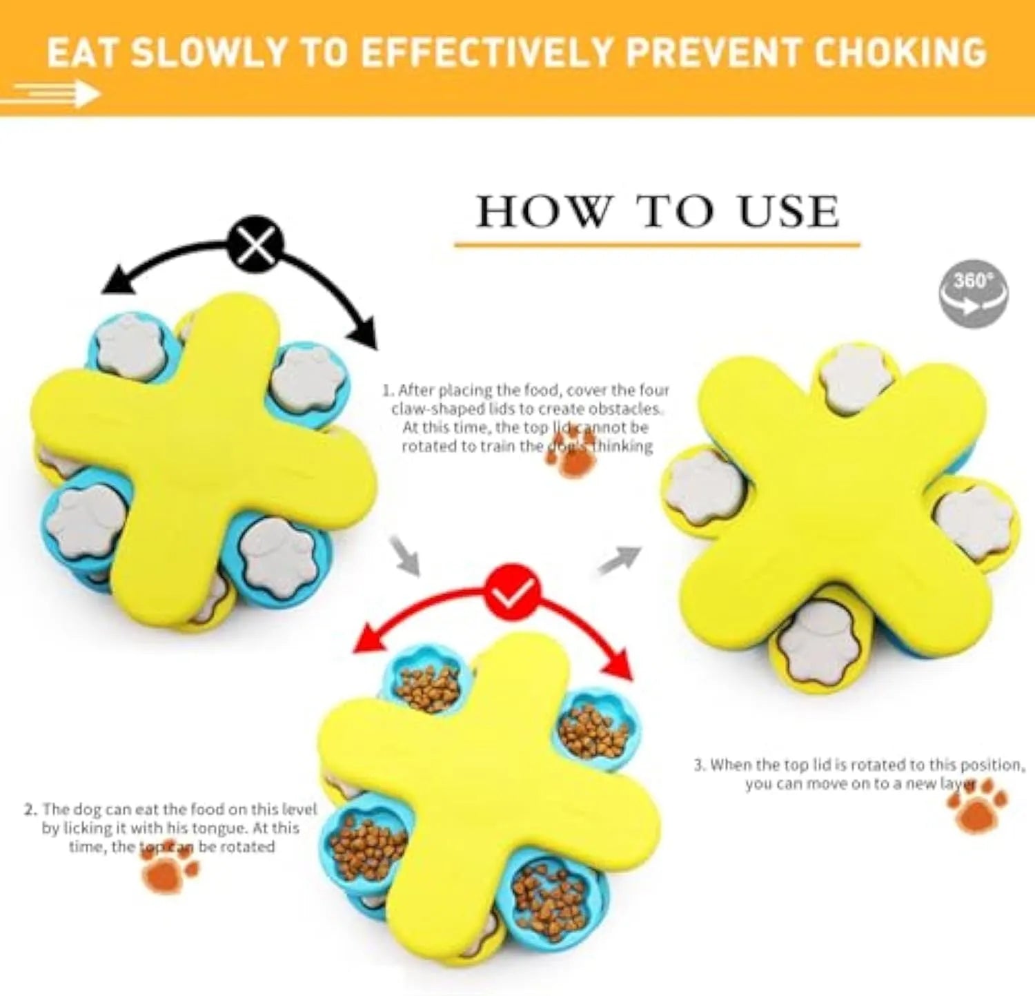 Yellow dog puzzle feeder toy with three rotating layers and a non-slip base for slow feeding and IQ training.