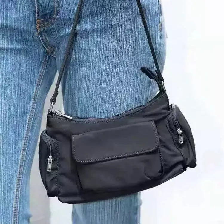 Black lightweight PU women's shoulder bag with double pockets and side-line detailing