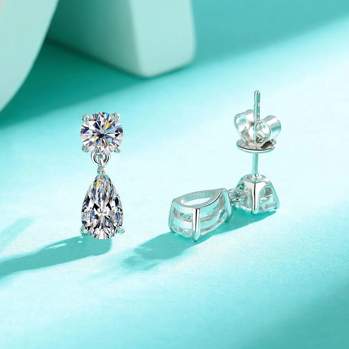 925 sterling silver moissanite stud earrings with round and water drop gemstones in gold or silver finish