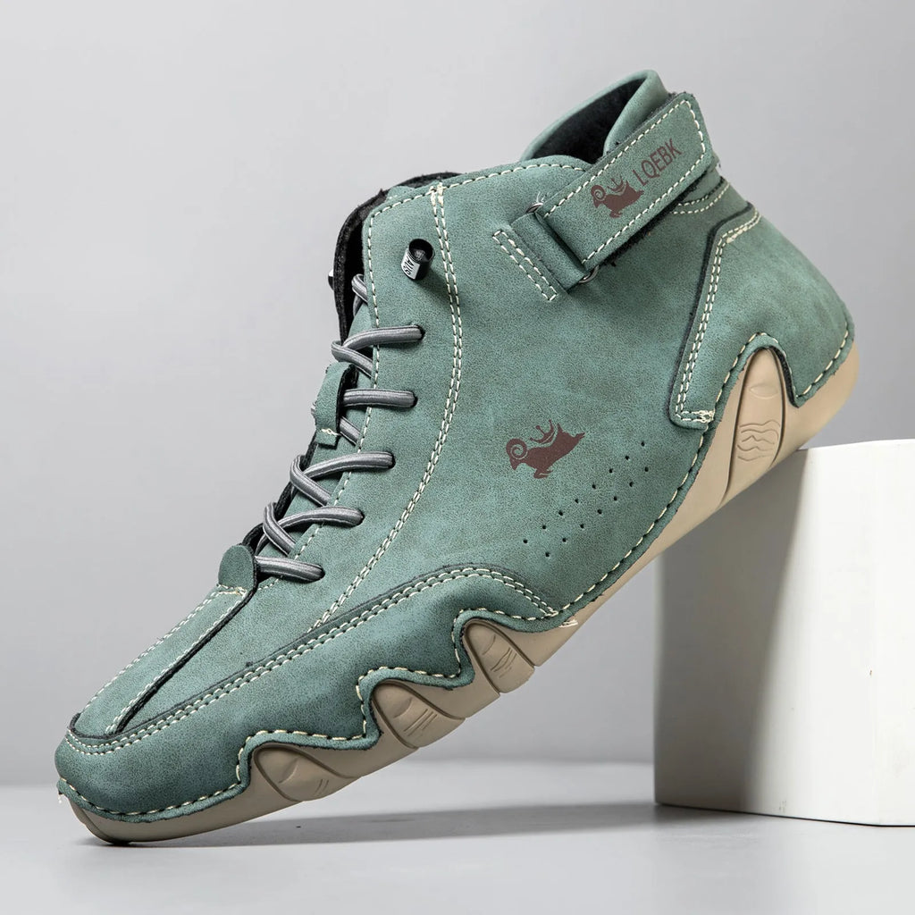 Men's brown high-top casual Martin boots with round toe and flat rubber sole on a white background.