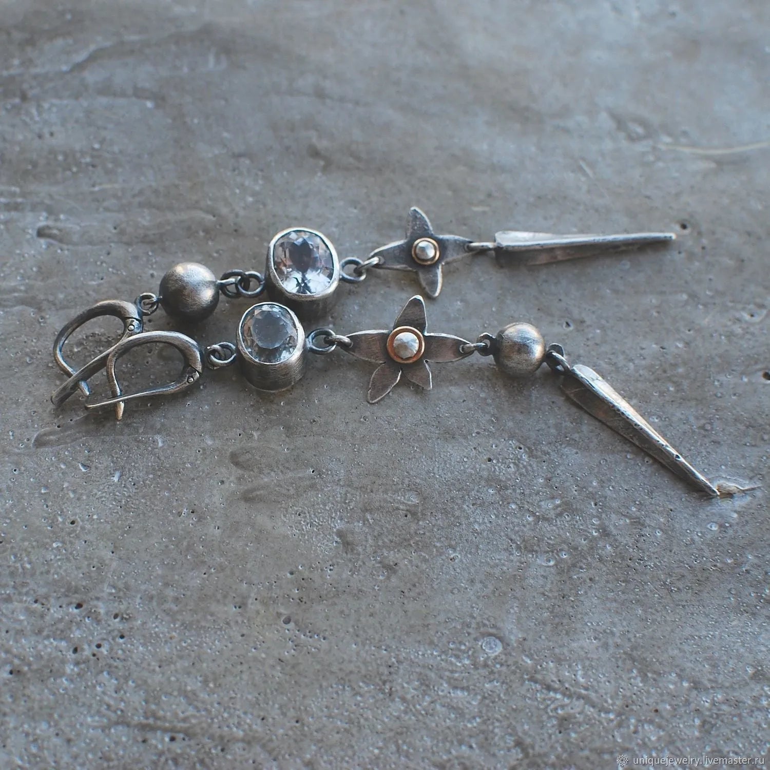Geometric antique silver long pendant earrings with XINGX design and rhinestone details