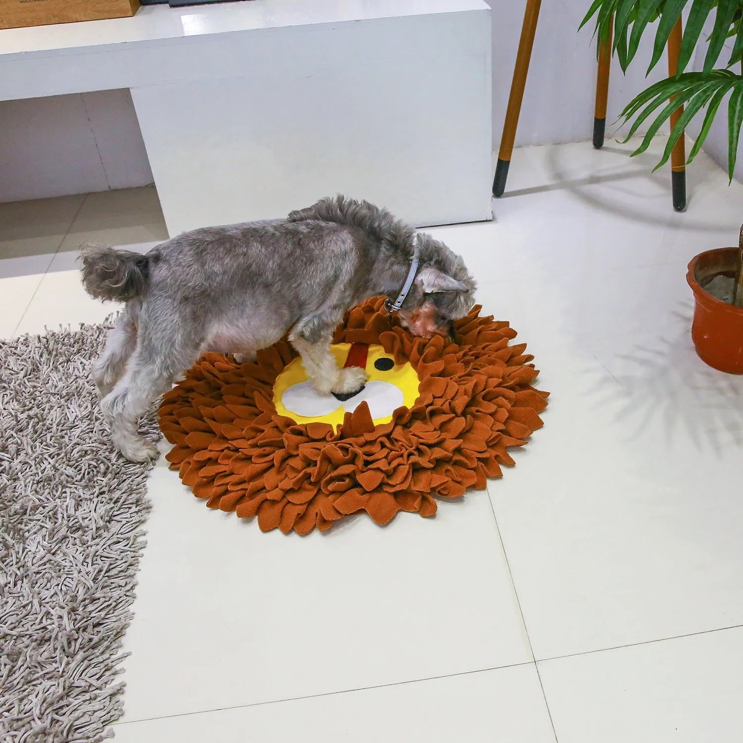 Brown Lion Sniffing Pad with textured Yizhiwen surface for hiding pet food.