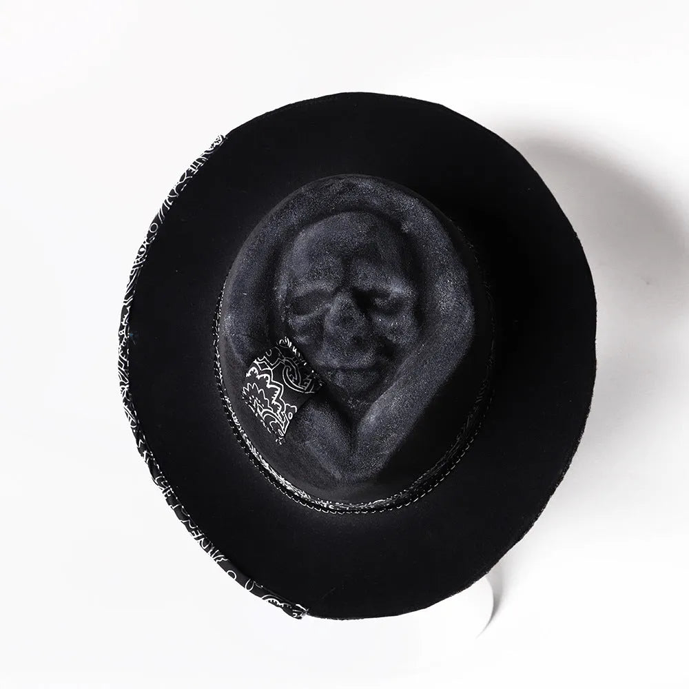 Wool felt conical crown hat with woven denim-inspired skull pattern, handmade Halloween accessory