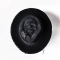 Wool felt conical crown hat with woven denim-inspired skull pattern, handmade Halloween accessory