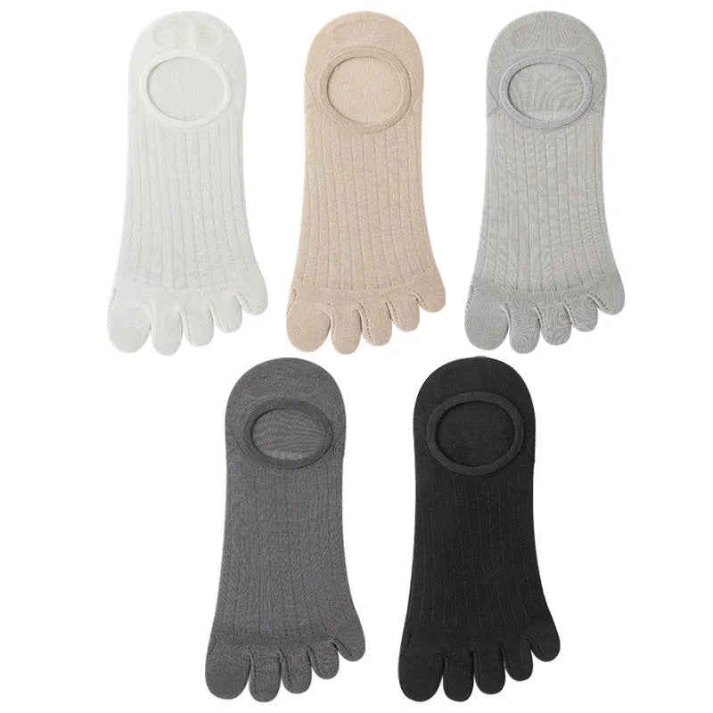 Modal cotton five-finger ultra-thin boat socks in solid colours on a white background.