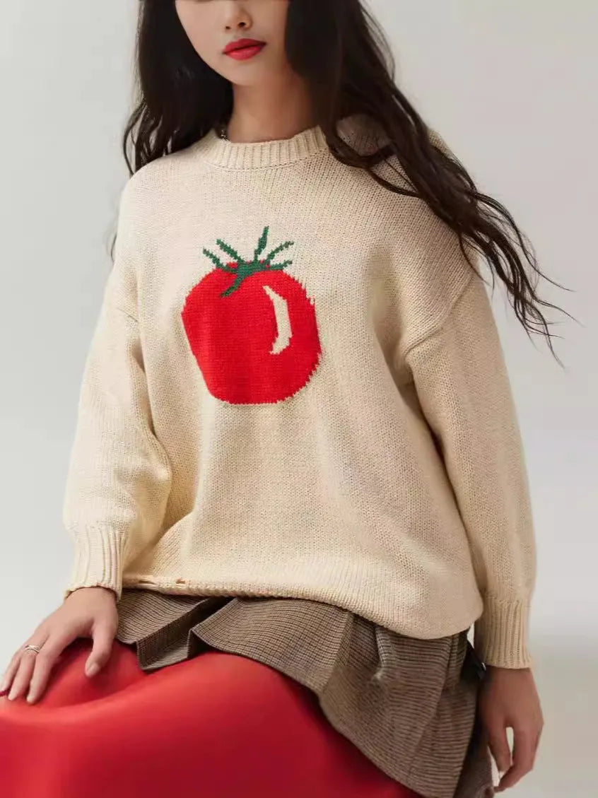 Women's loose-fitting acrylic jacquard knit sweater with round neck and long sleeves