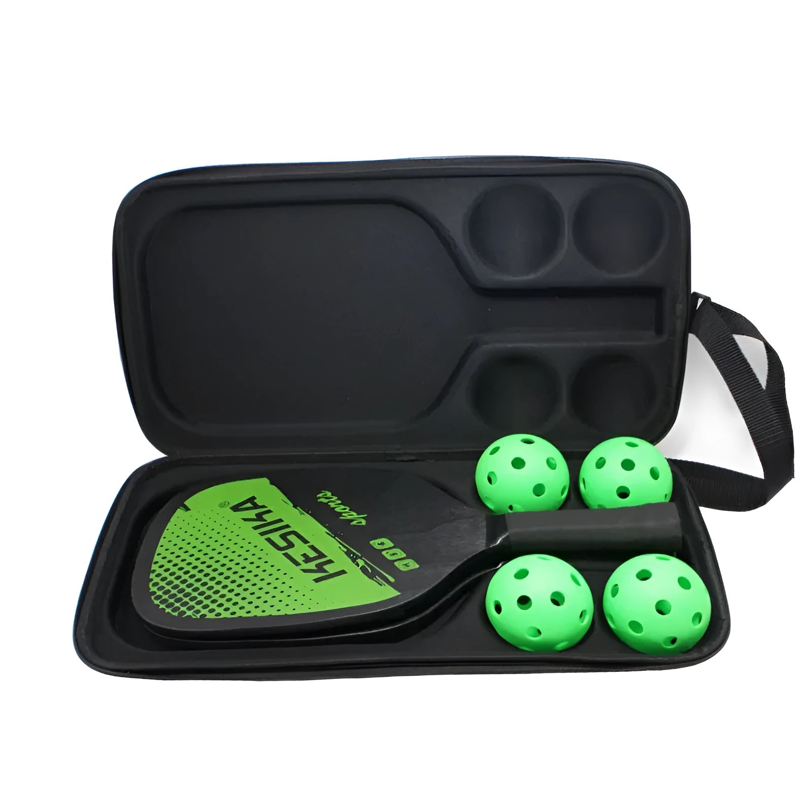 Black EVA pickleball storage bag with double shoulder straps, shown with a paddle and balls.