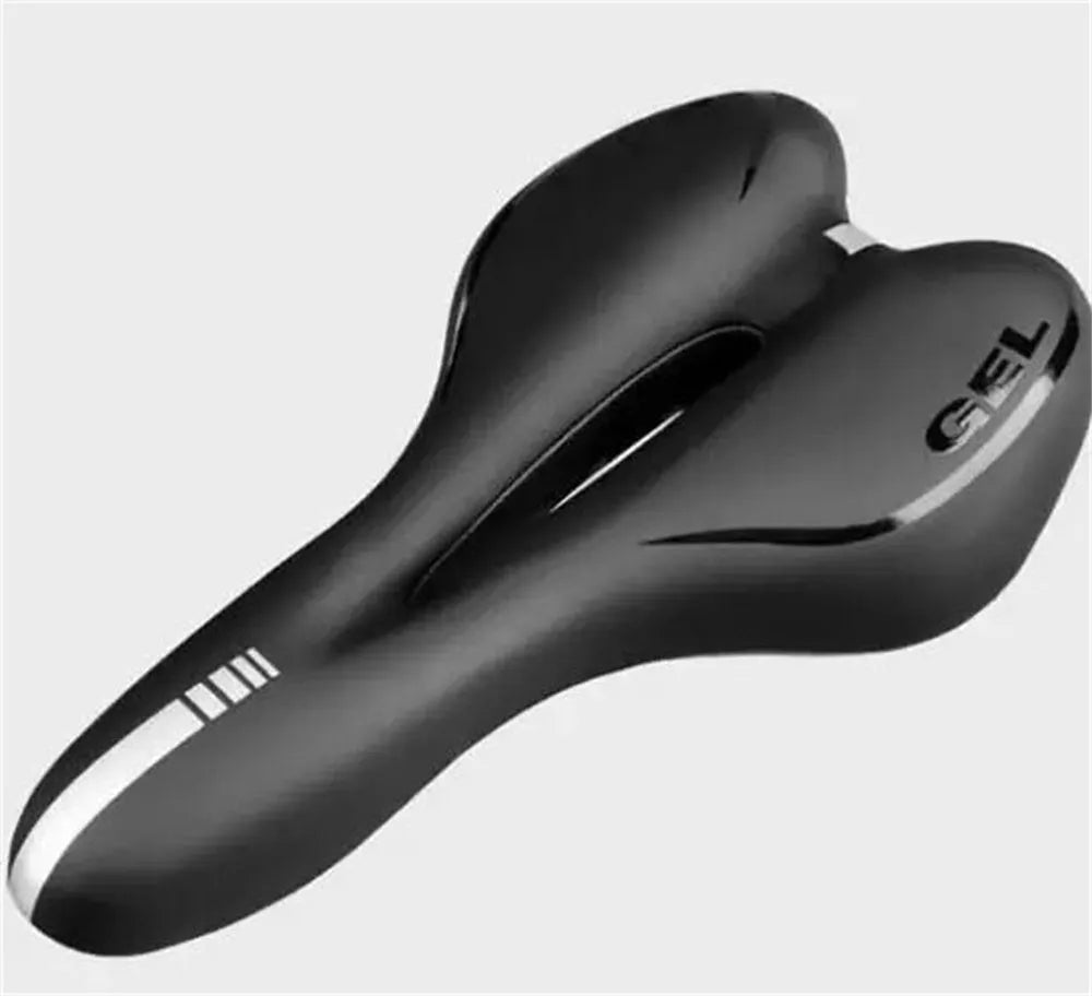 Bicycle cushion saddle with silicone padding and waterproof cover alongside wrench and tire patch accessories